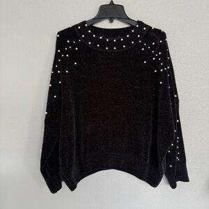 CROWN & IVY Black Sweater with Pearl Details |Size M